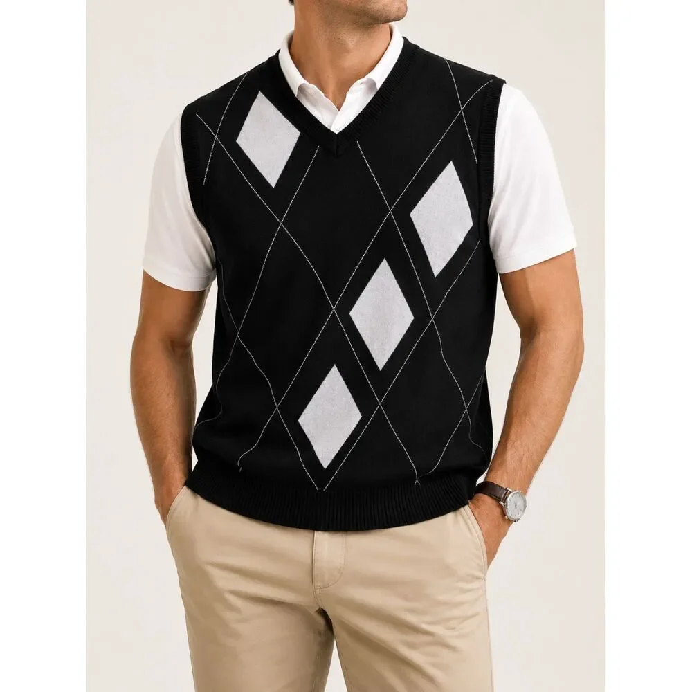 PGA TOUR Argyle Sweater Vest XXL NWT Black White 100% Cotton Golf V-Neck